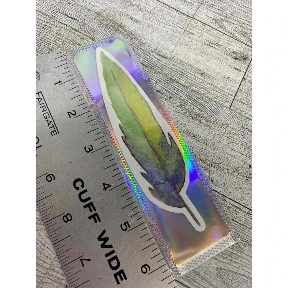 Watercolor Image Bird Feather Green Yellow Die Cut Bookmark Holographic Sleeve